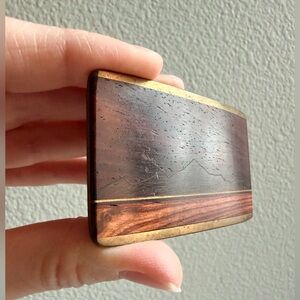 Vintage Kenneth Reid brass and exotic wood inlay belt buckle